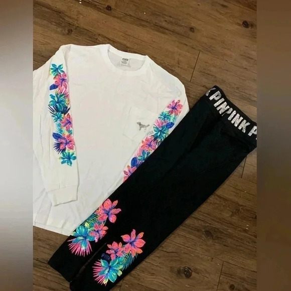 PINK VS  TROPICAL BLING TSHIRT / YOGA LEGGINGS OUTFIT SET M - Picture 10 of 13